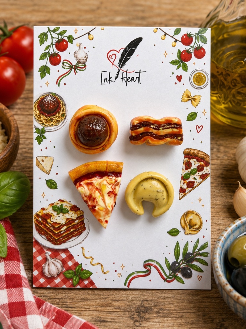 Italian Food Magnets Set of 4 | Pizza, Lasagna, Tortellini, Spaghetti & Meatball